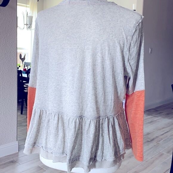 Free People Baby Doll Top Gray Orange /Peach Large V Neck Pocket Cotton - Picture 7 of 10